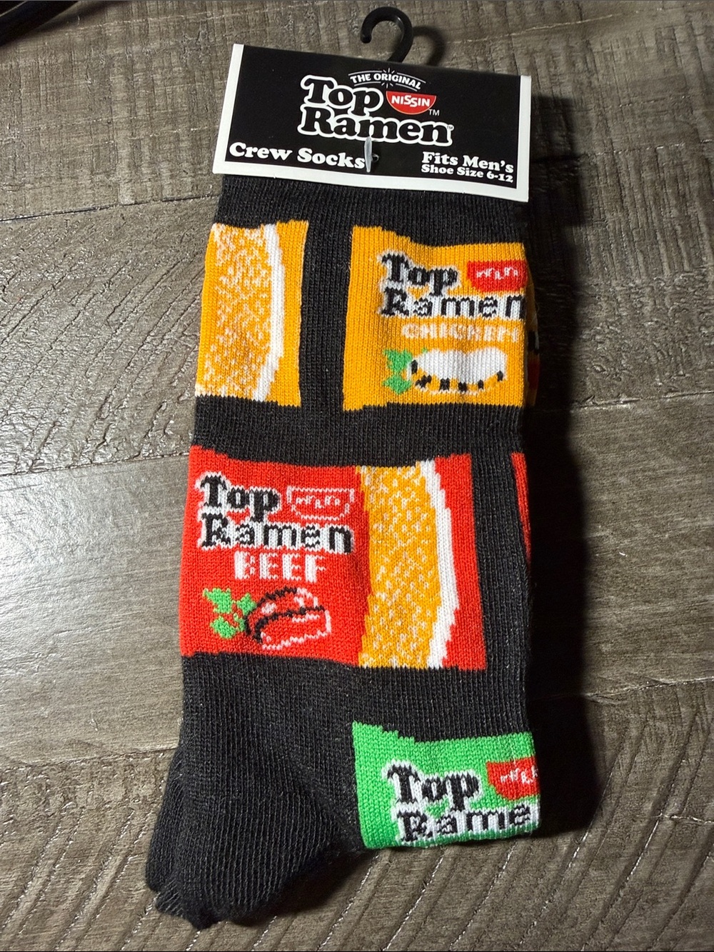 Top Ramen Men's Crew Socks - Black with Red, Yellow & Green Ramen Pack Design